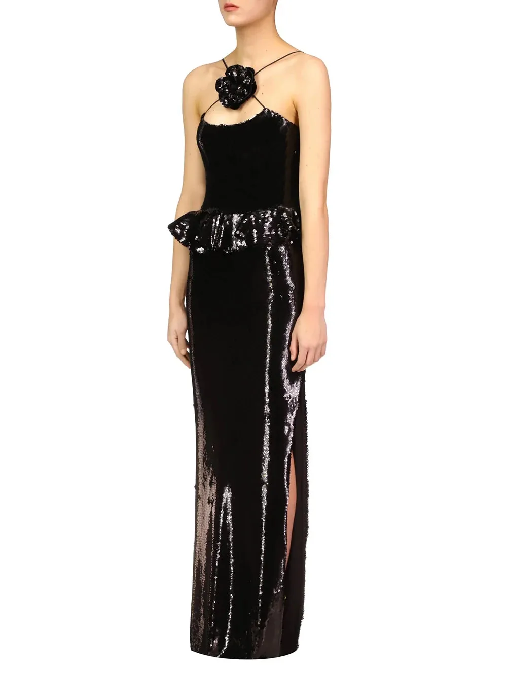 Backless Halter Mesh Sequin Maxi Dress