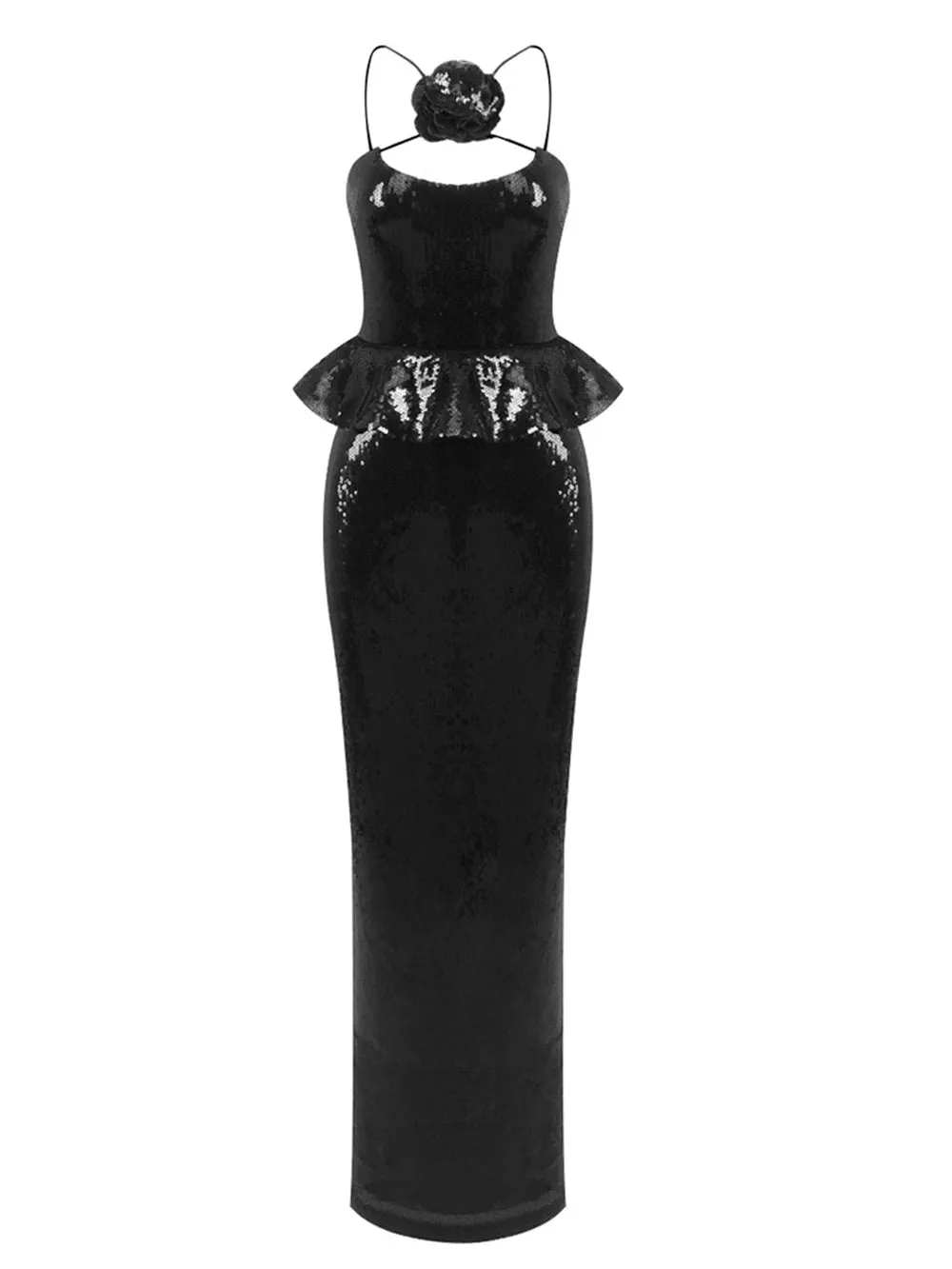 Backless Halter Mesh Sequin Maxi Dress