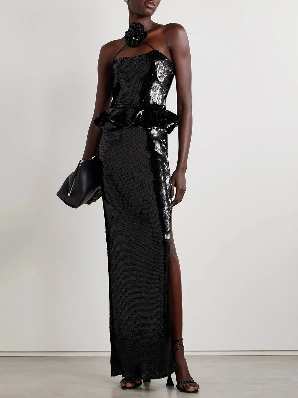 Backless Halter Mesh Sequin Maxi Dress