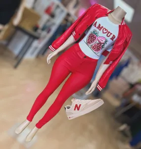 Baseball Faux Leather Crop Jacket With White Trim (Red)