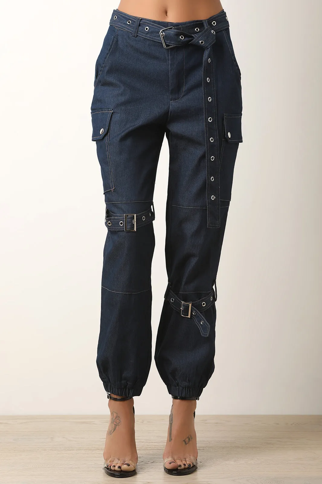 Belted Buckle Denim Cargo Pants