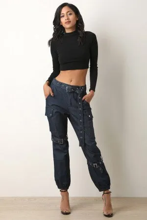 Belted Buckle Denim Cargo Pants