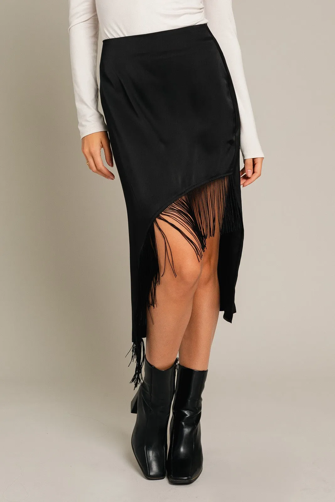 Black Tassel Hem Midi Skirt