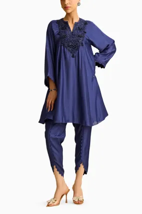 Blue Silk Short Kurta with Tulip Pant