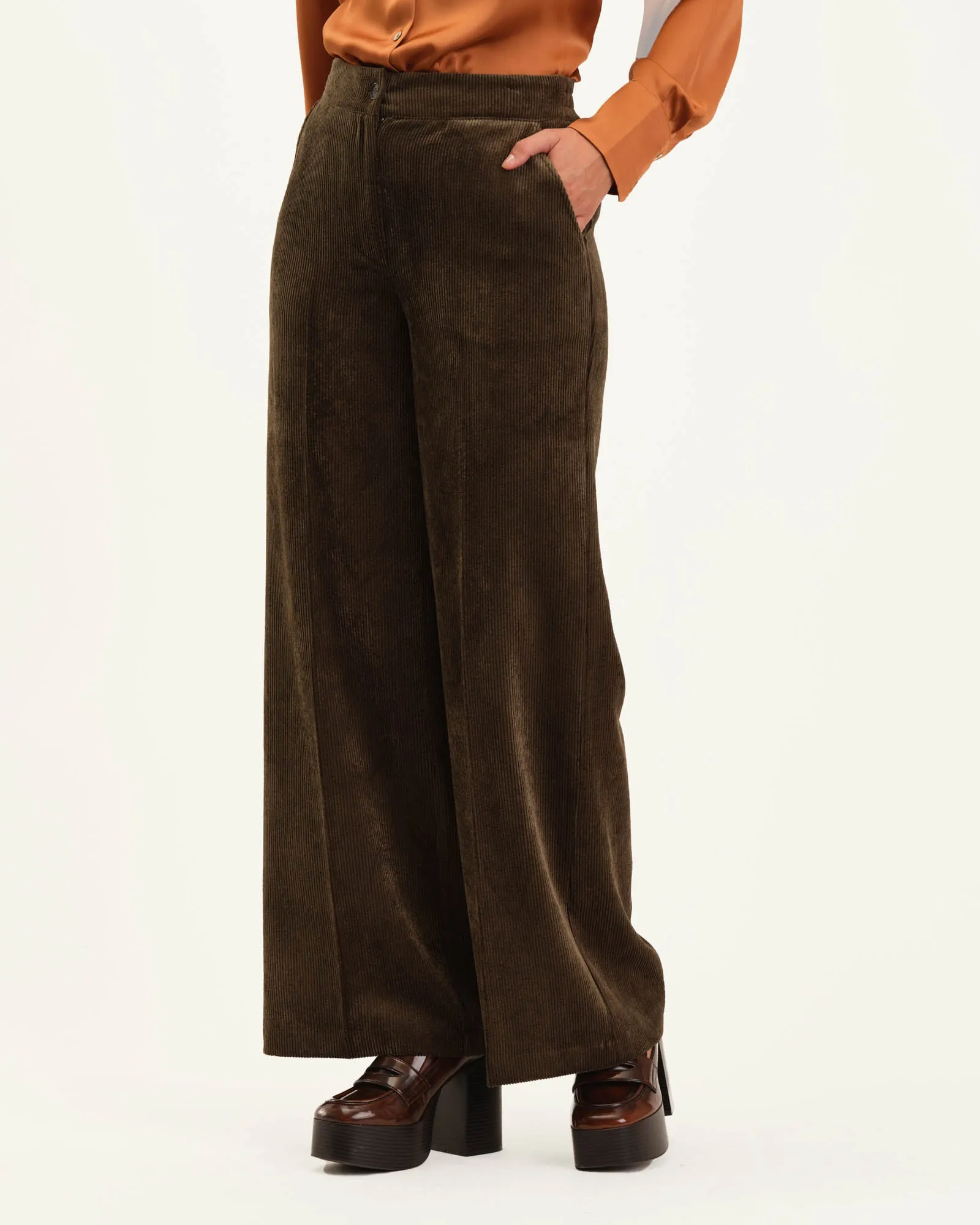 Button Front Wide Leg Corduroy Pant