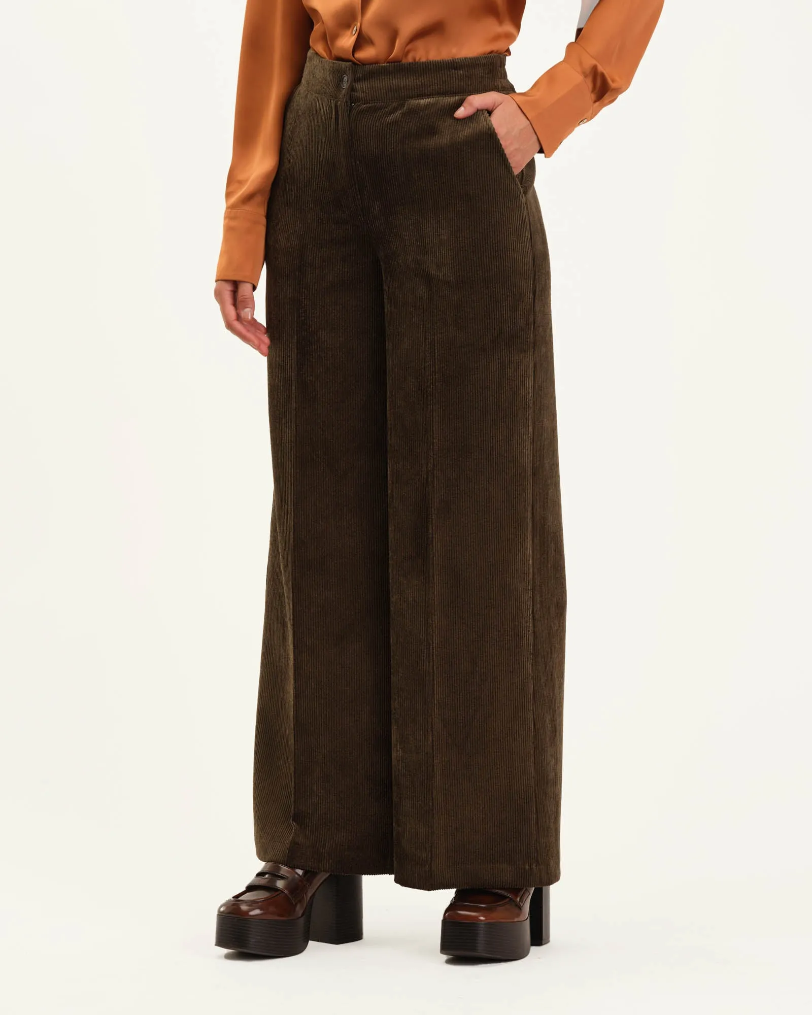 Button Front Wide Leg Corduroy Pant