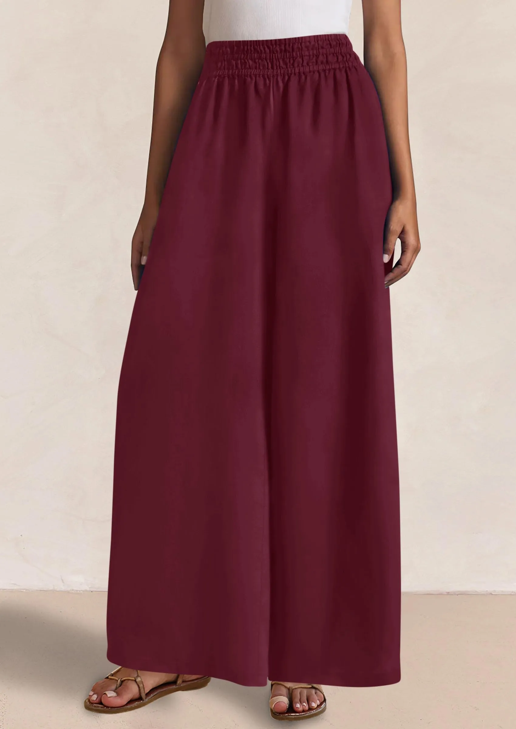 Casual Elastic Waist Loose Flowy Palazzo Pants Trousers with Pockets