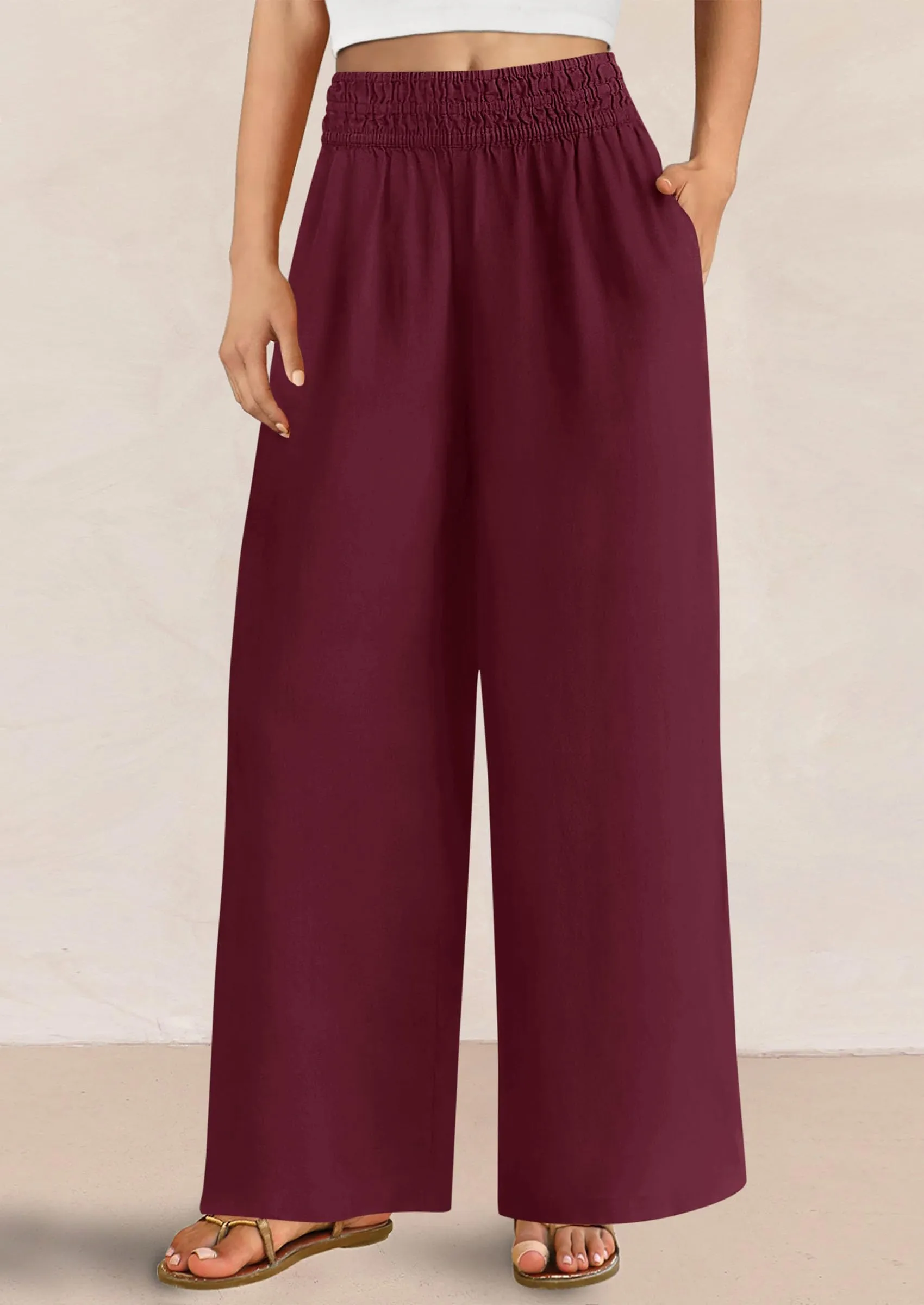 Casual Elastic Waist Loose Flowy Palazzo Pants Trousers with Pockets