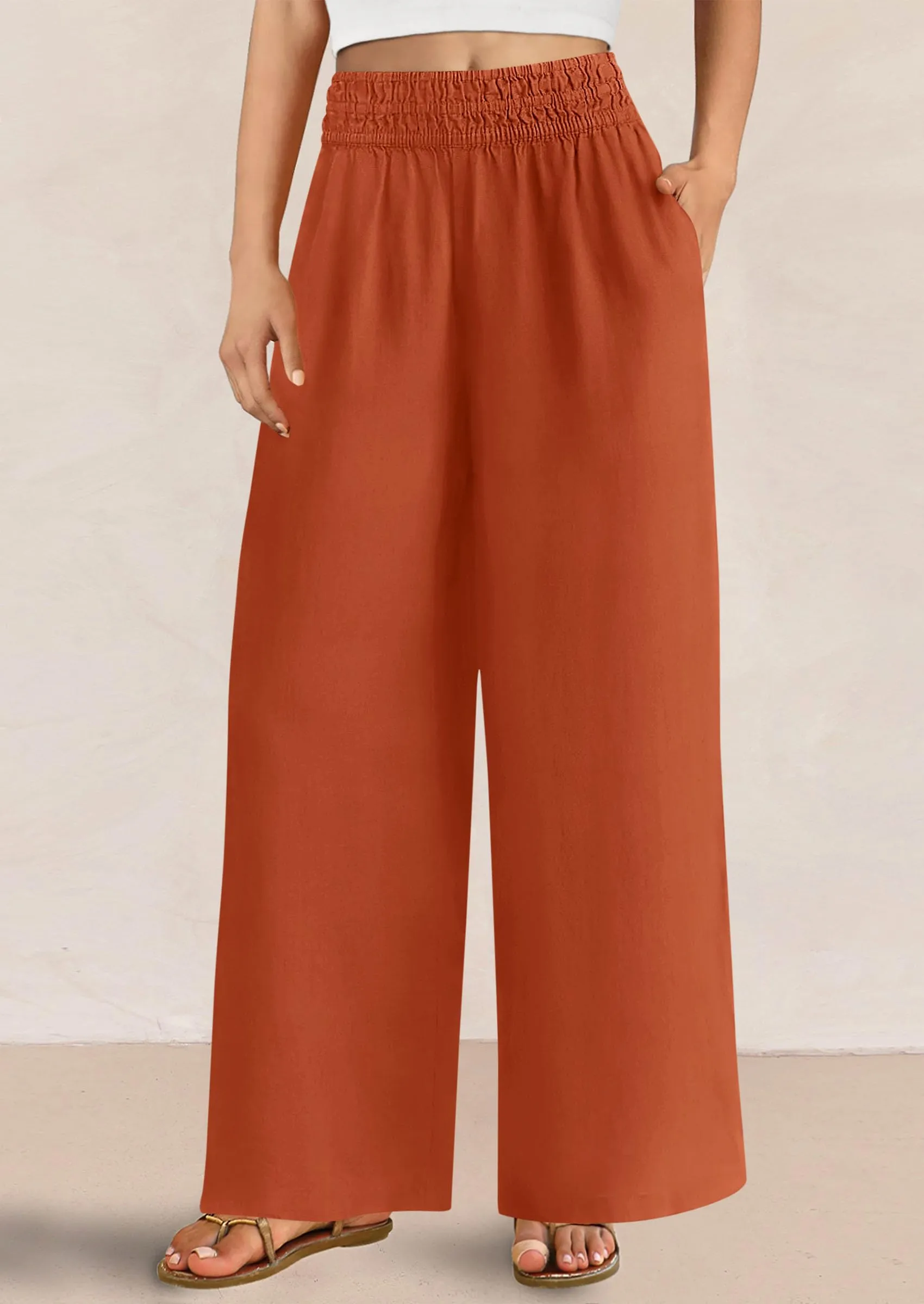 Casual Elastic Waist Loose Flowy Palazzo Pants Trousers with Pockets