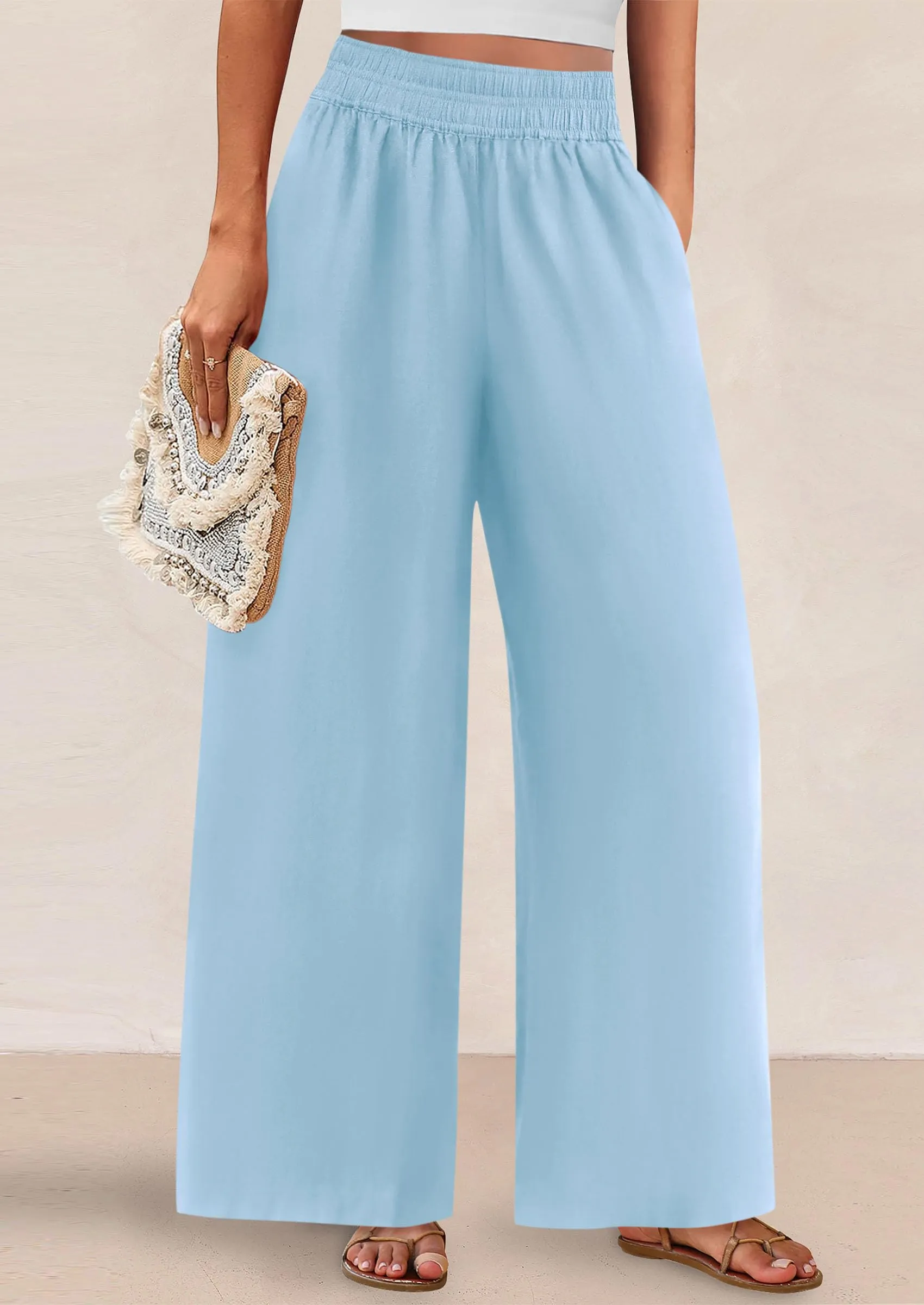 Casual Elastic Waist Loose Flowy Palazzo Pants Trousers with Pockets