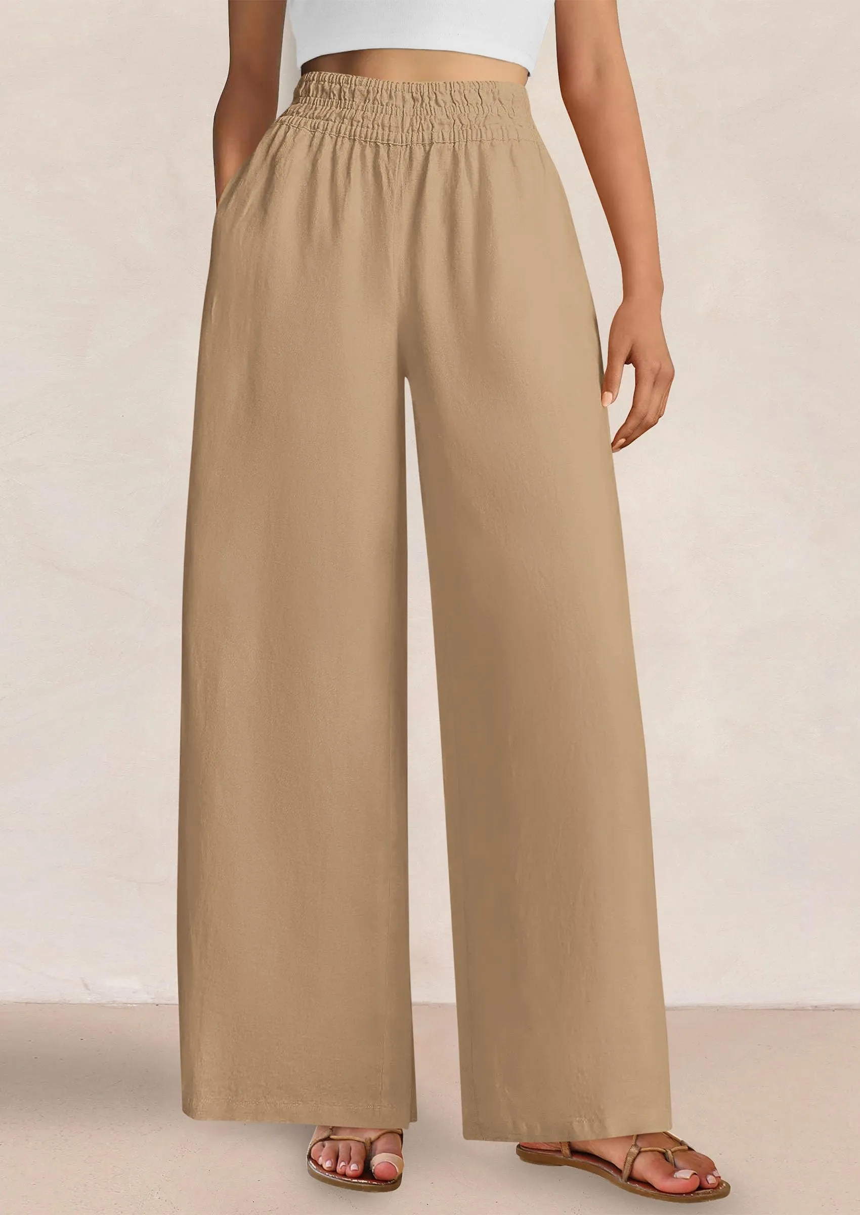 Casual Elastic Waist Loose Flowy Palazzo Pants Trousers with Pockets