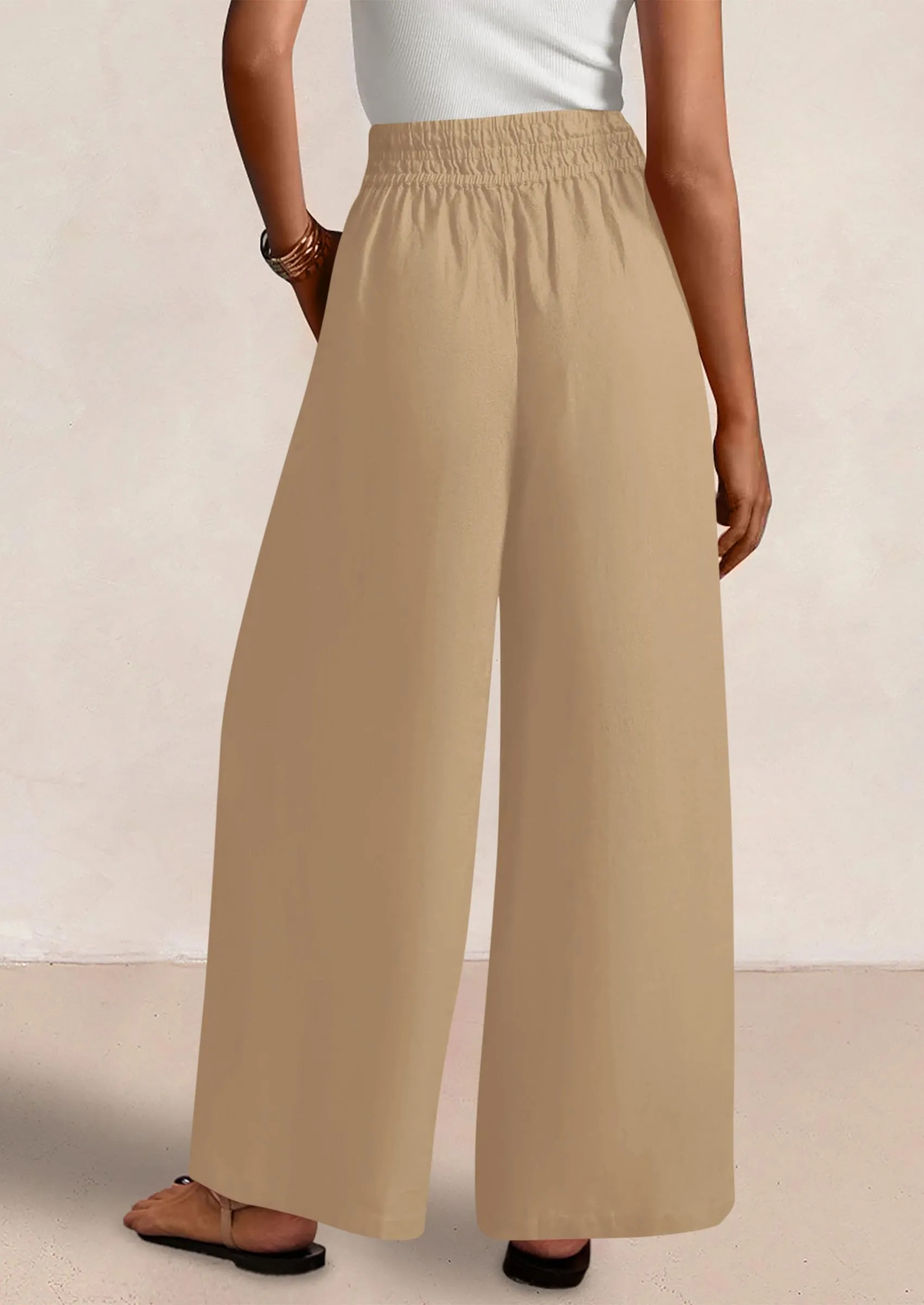 Casual Elastic Waist Loose Flowy Palazzo Pants Trousers with Pockets