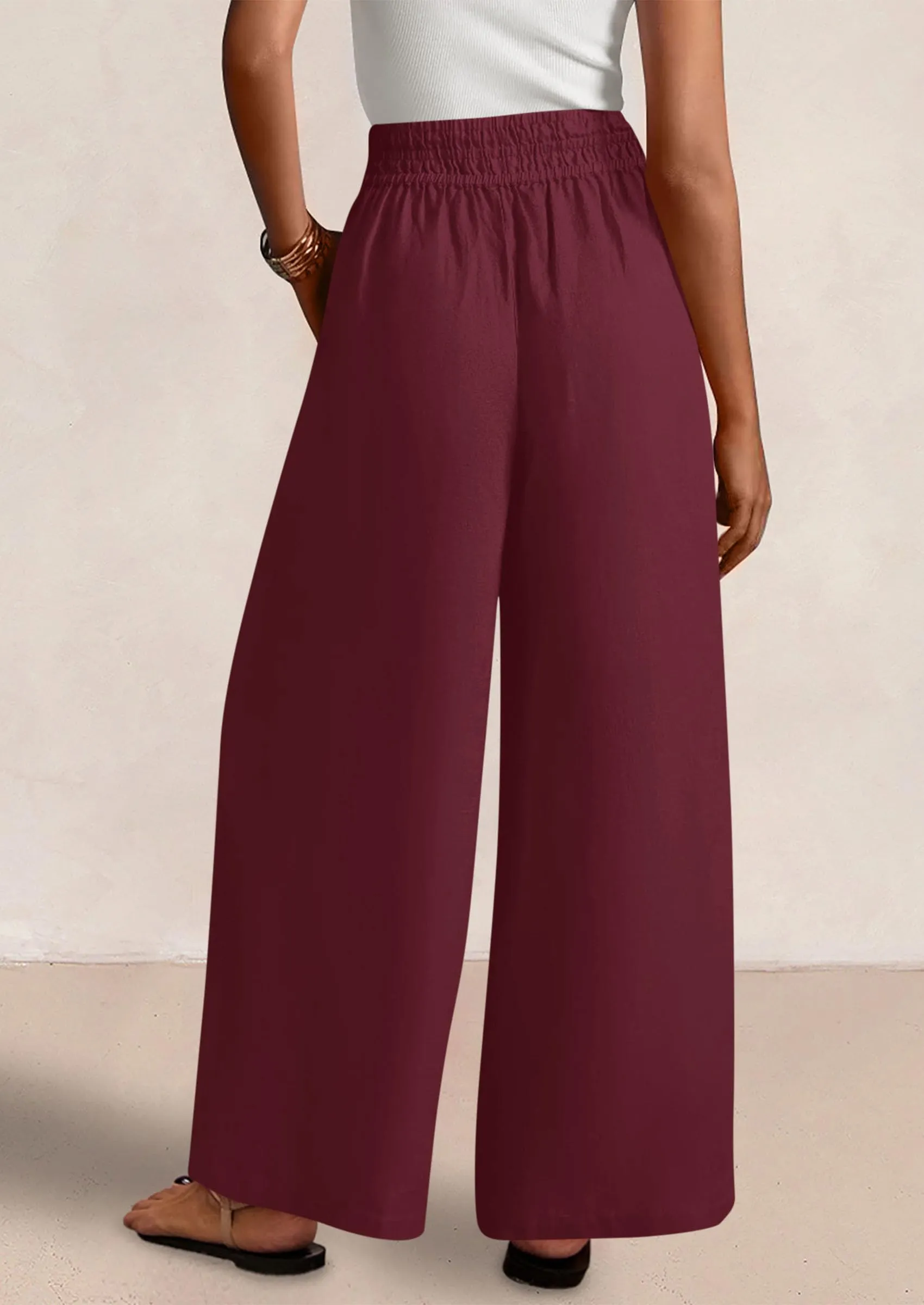 Casual Elastic Waist Loose Flowy Palazzo Pants Trousers with Pockets