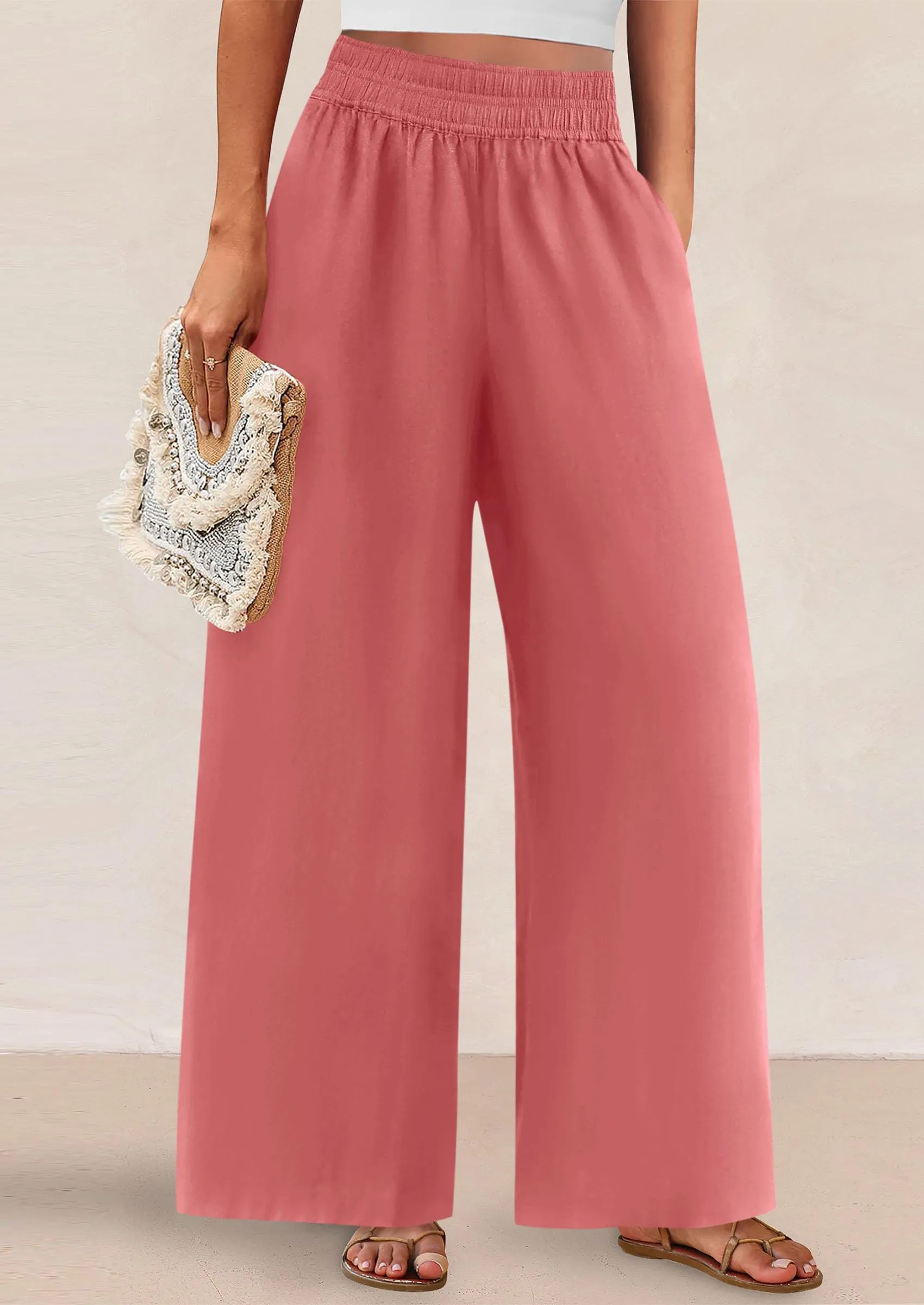 Casual Elastic Waist Loose Flowy Palazzo Pants Trousers with Pockets