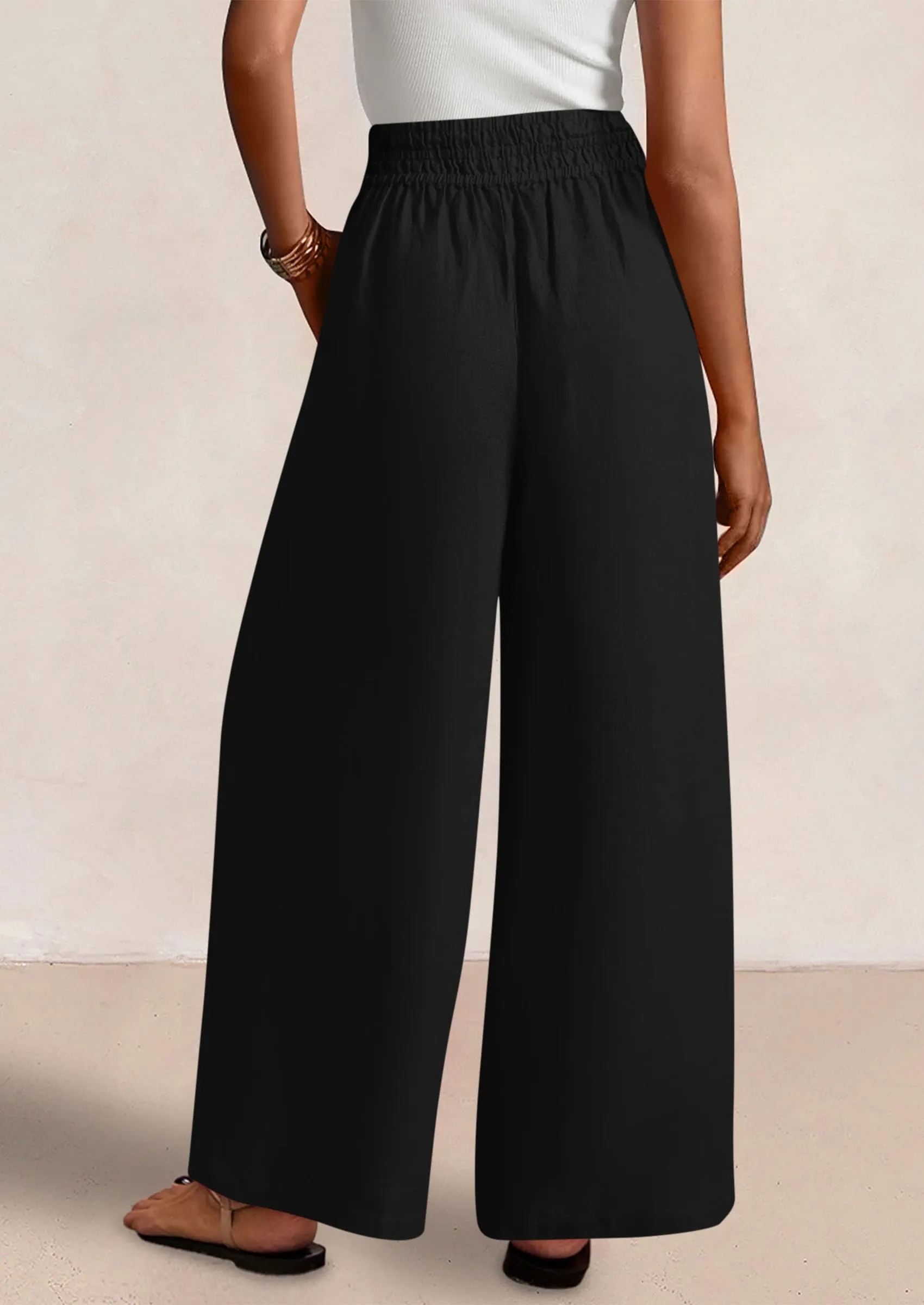 Casual Elastic Waist Loose Flowy Palazzo Pants Trousers with Pockets