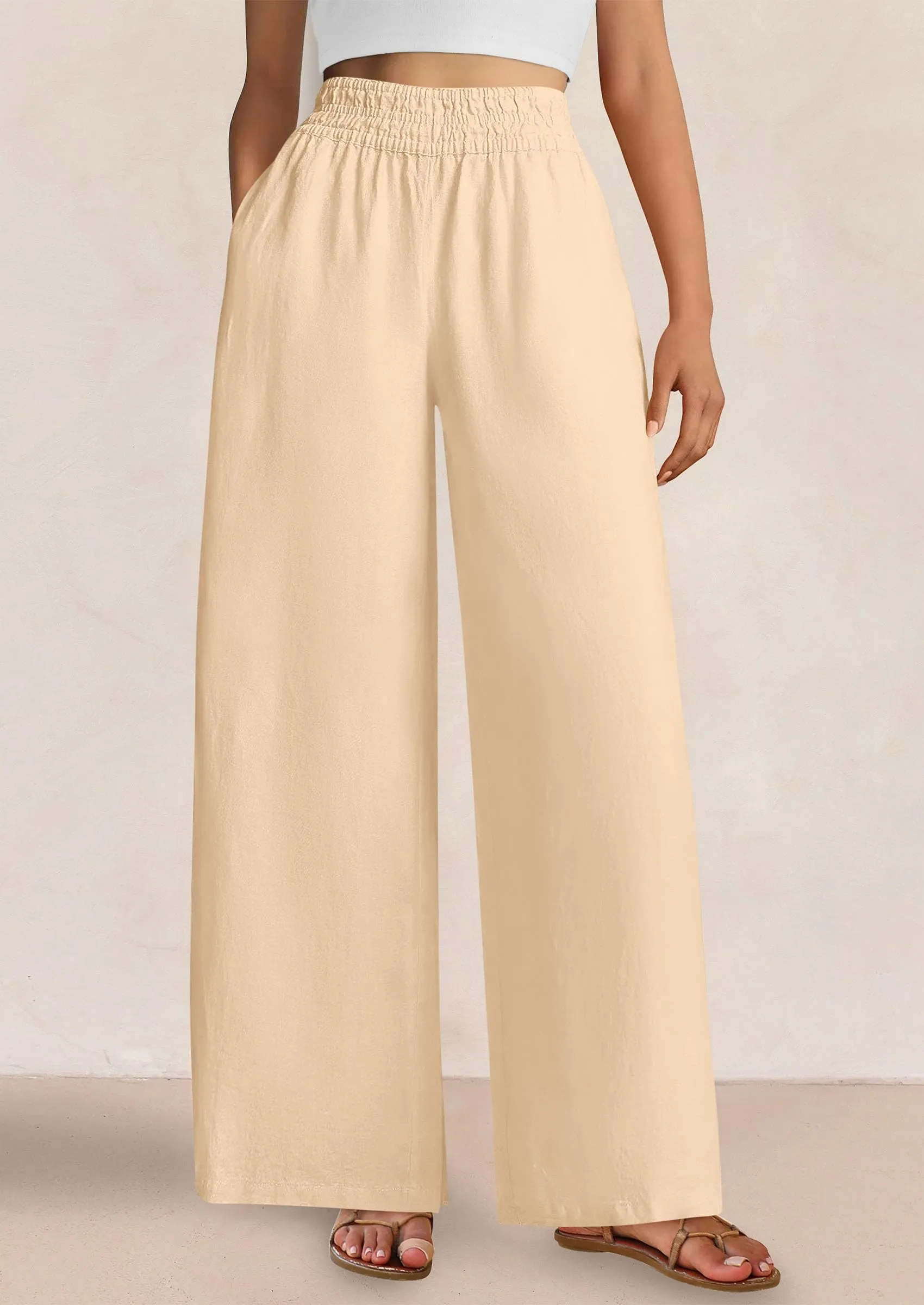 Casual Elastic Waist Loose Flowy Palazzo Pants Trousers with Pockets