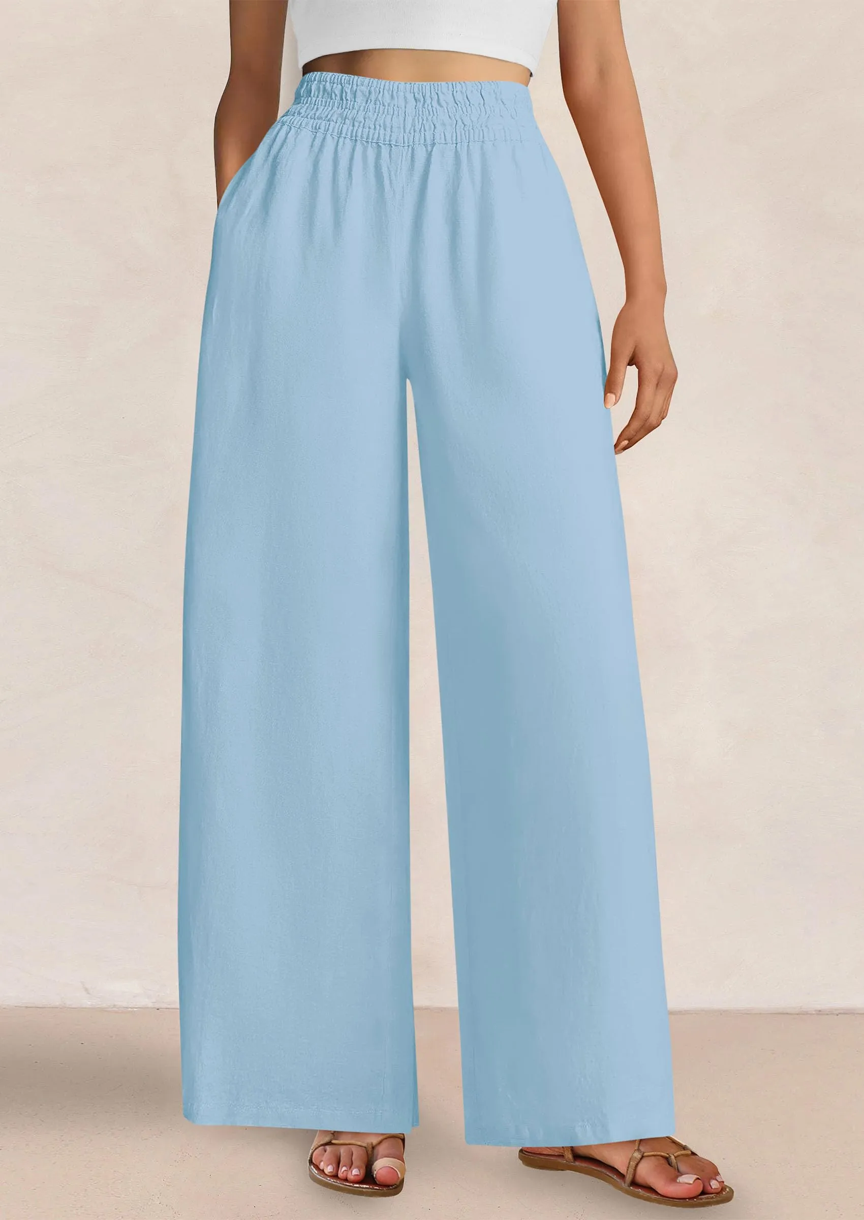 Casual Elastic Waist Loose Flowy Palazzo Pants Trousers with Pockets