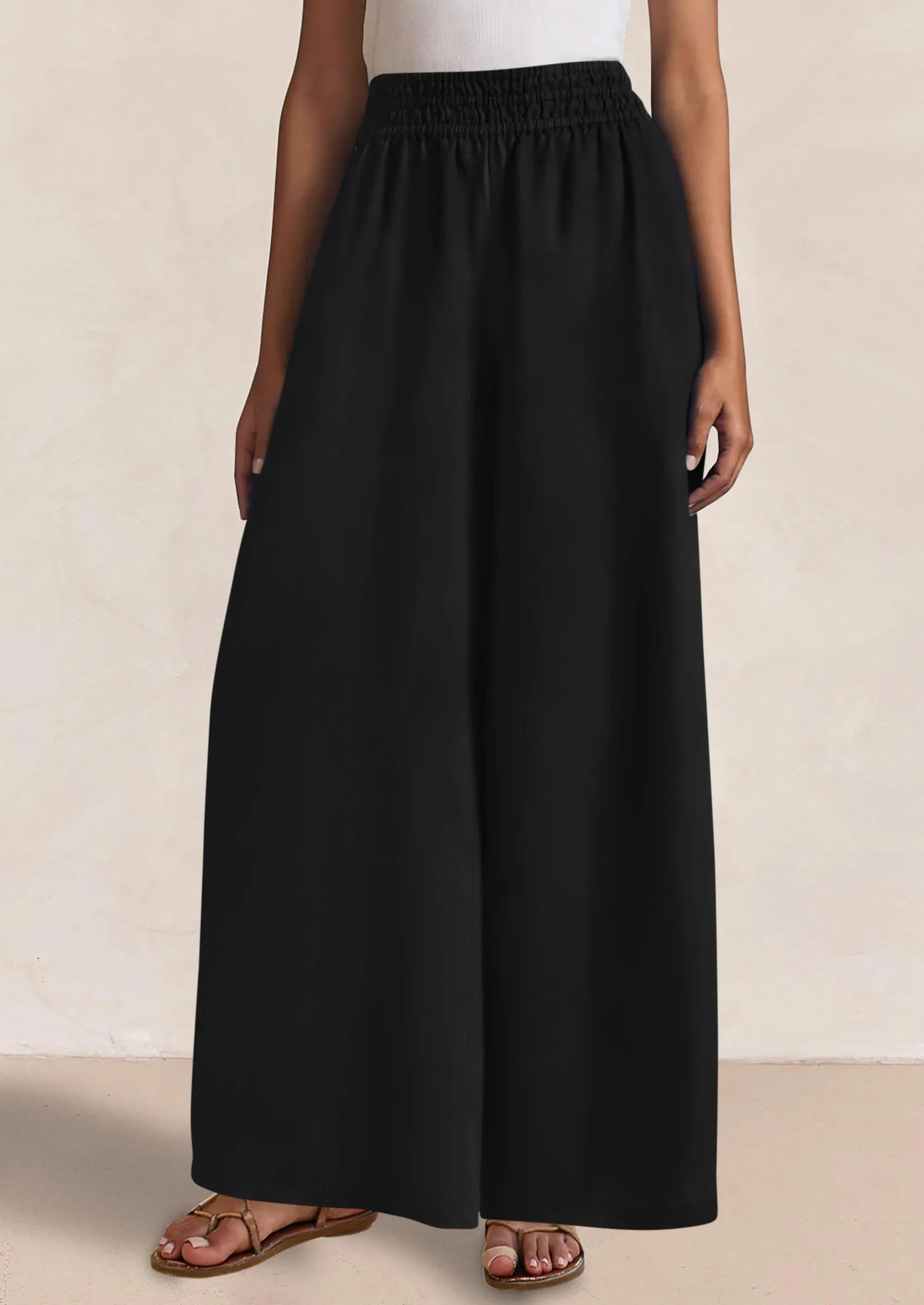 Casual Elastic Waist Loose Flowy Palazzo Pants Trousers with Pockets