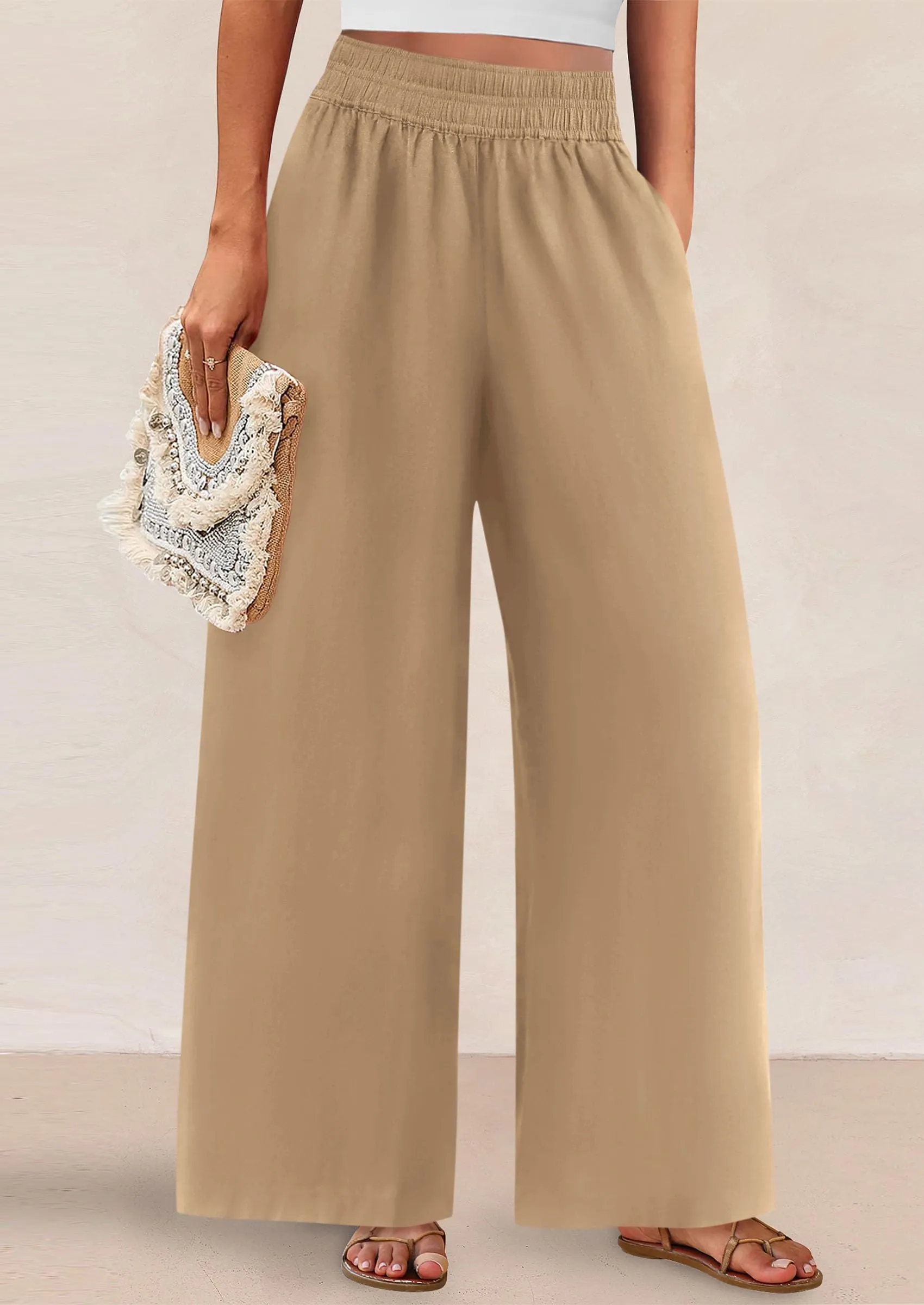 Casual Elastic Waist Loose Flowy Palazzo Pants Trousers with Pockets
