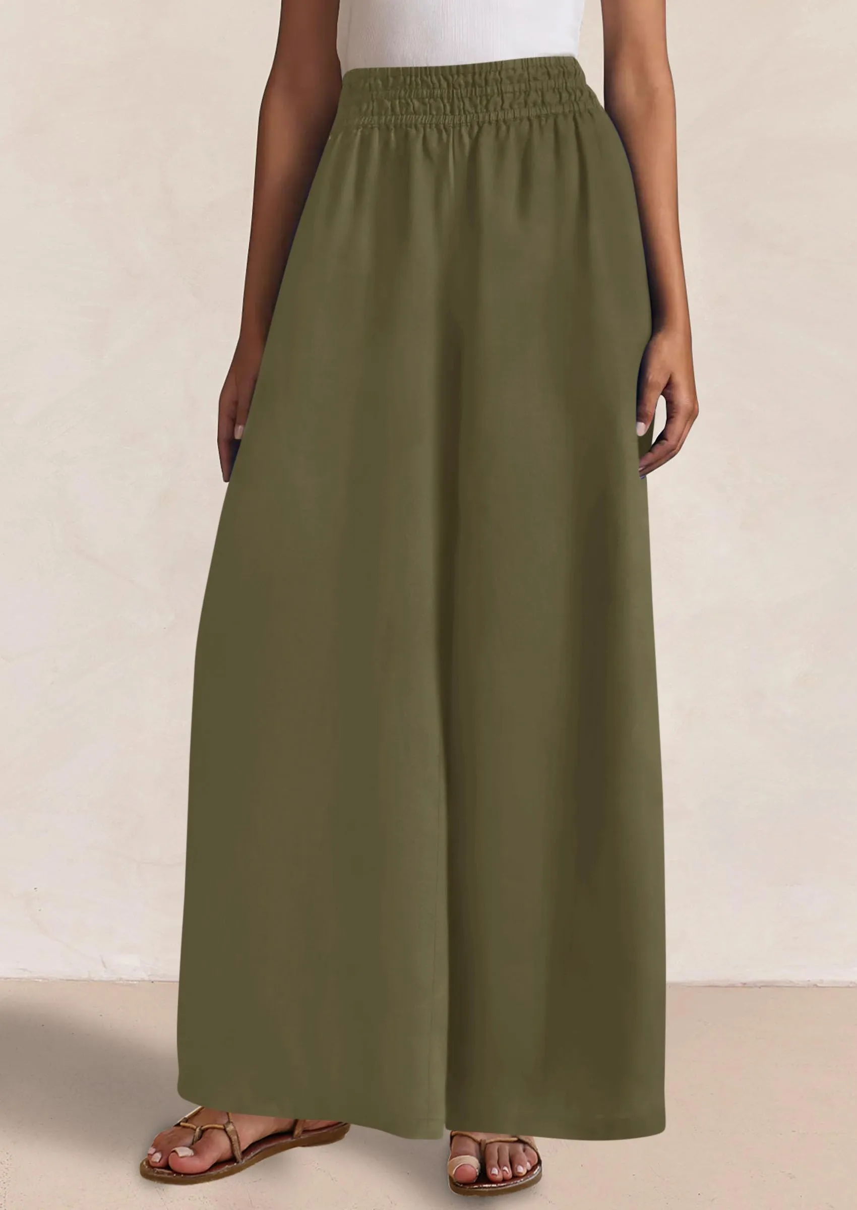 Casual Elastic Waist Loose Flowy Palazzo Pants Trousers with Pockets