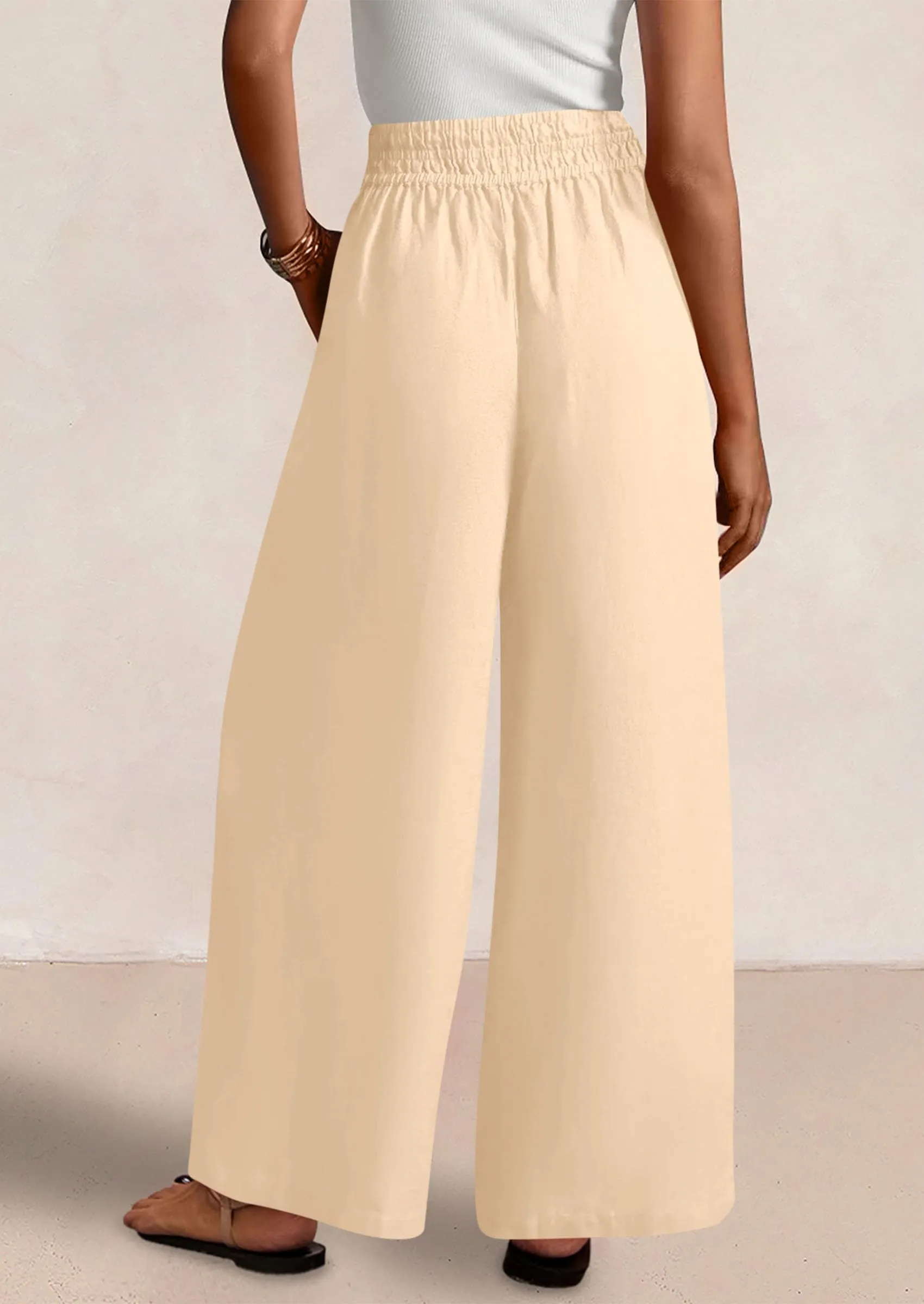 Casual Elastic Waist Loose Flowy Palazzo Pants Trousers with Pockets