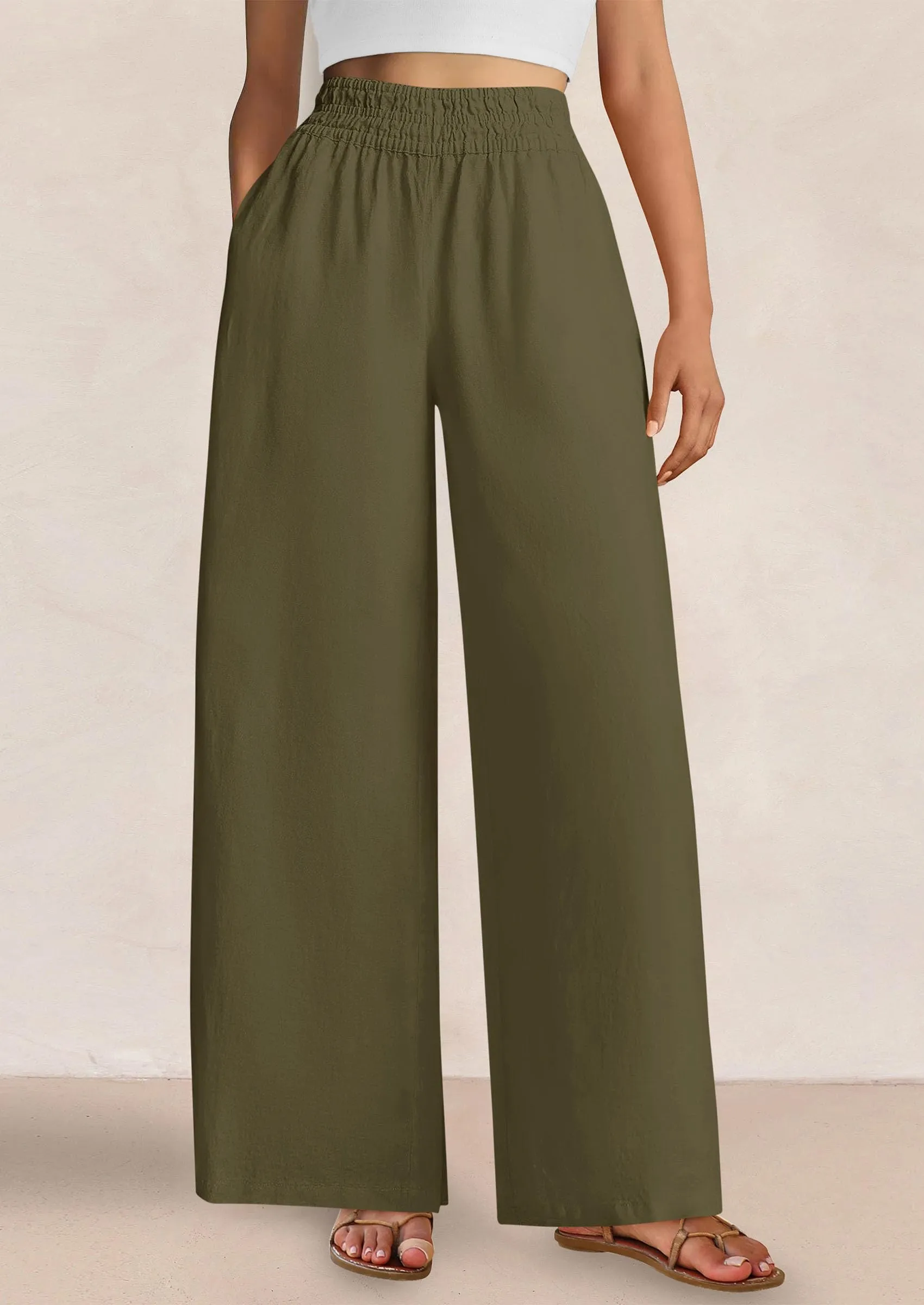Casual Elastic Waist Loose Flowy Palazzo Pants Trousers with Pockets