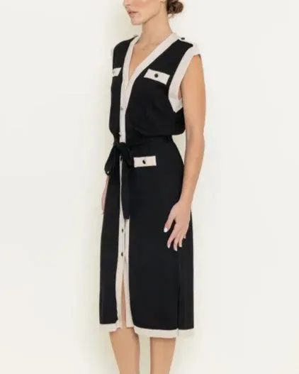 Contrast Rim Button Down Sweater Dress - Black