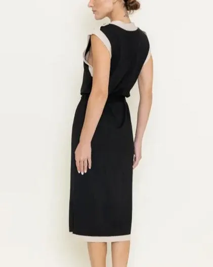 Contrast Rim Button Down Sweater Dress - Black