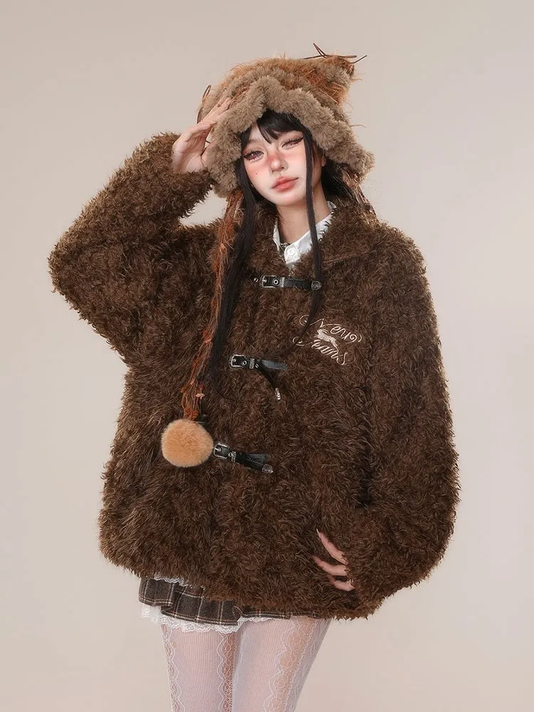 Dark Brown White Letter Buckle Straps Teddy Coat