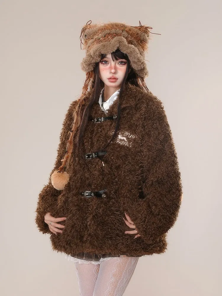 Dark Brown White Letter Buckle Straps Teddy Coat