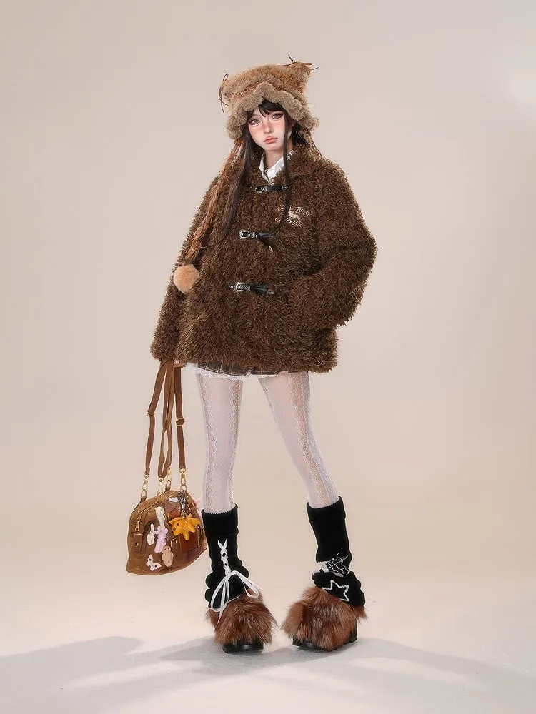 Dark Brown White Letter Buckle Straps Teddy Coat