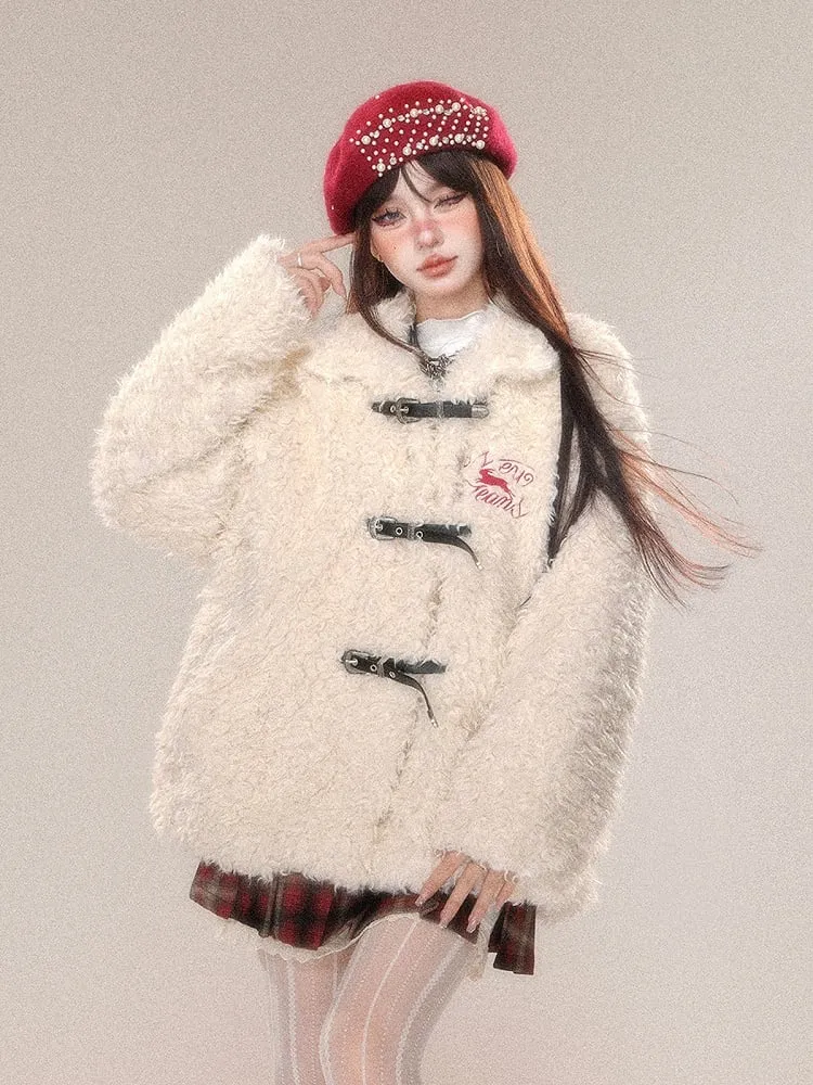 Dark Brown White Letter Buckle Straps Teddy Coat