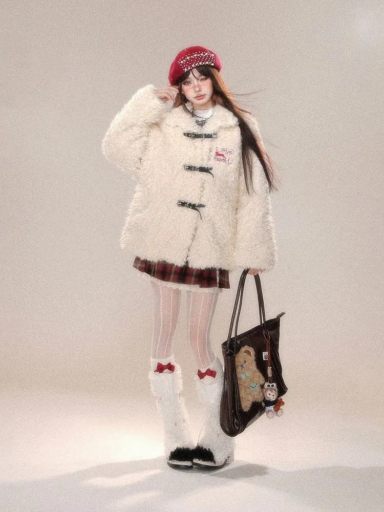Dark Brown White Letter Buckle Straps Teddy Coat