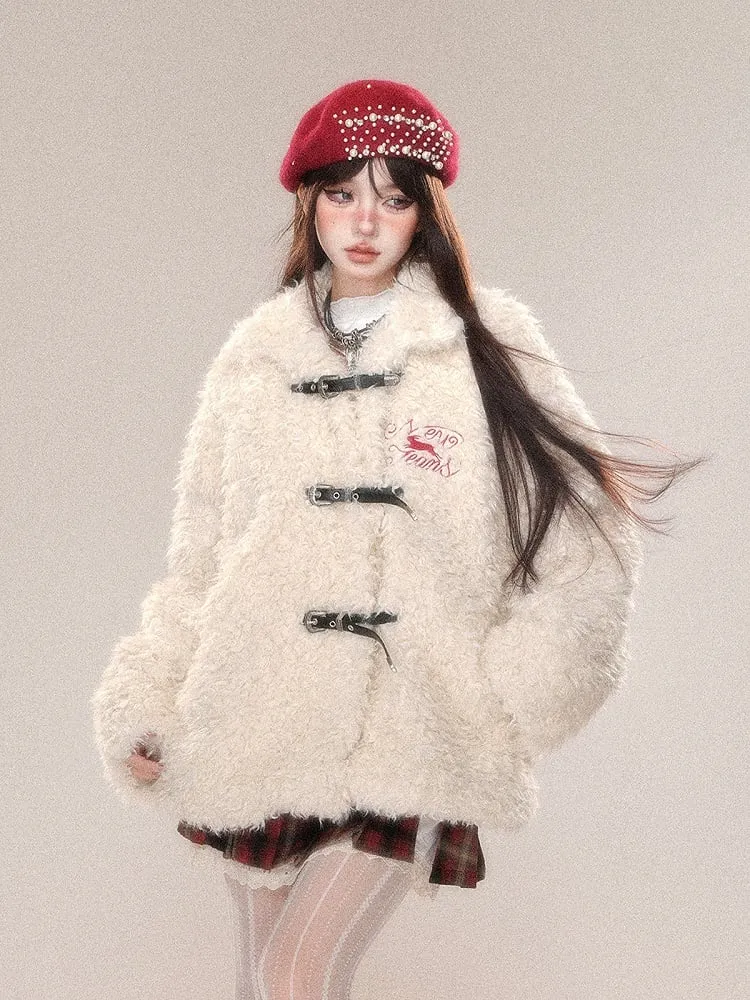 Dark Brown White Letter Buckle Straps Teddy Coat