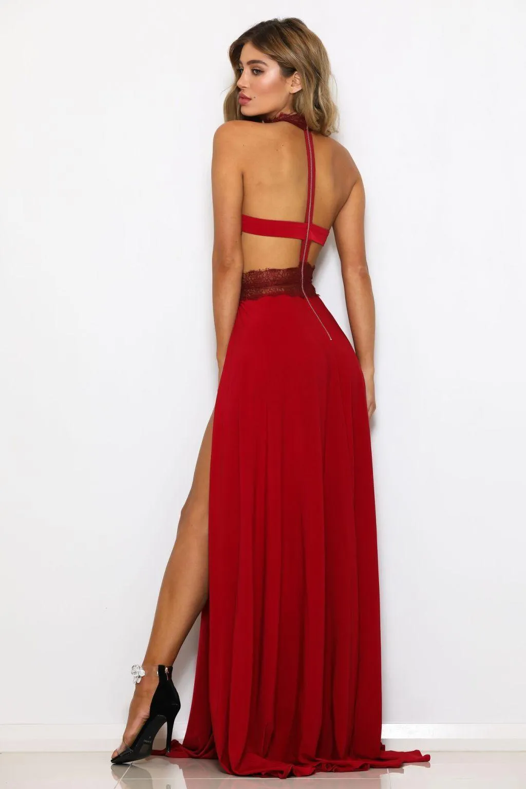 Elegant See Through Lace Nude Back High Slit Maxi Dress