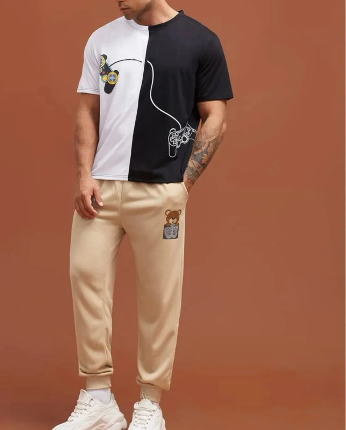 Extended sizes men bear print drawstring waist sweatpants