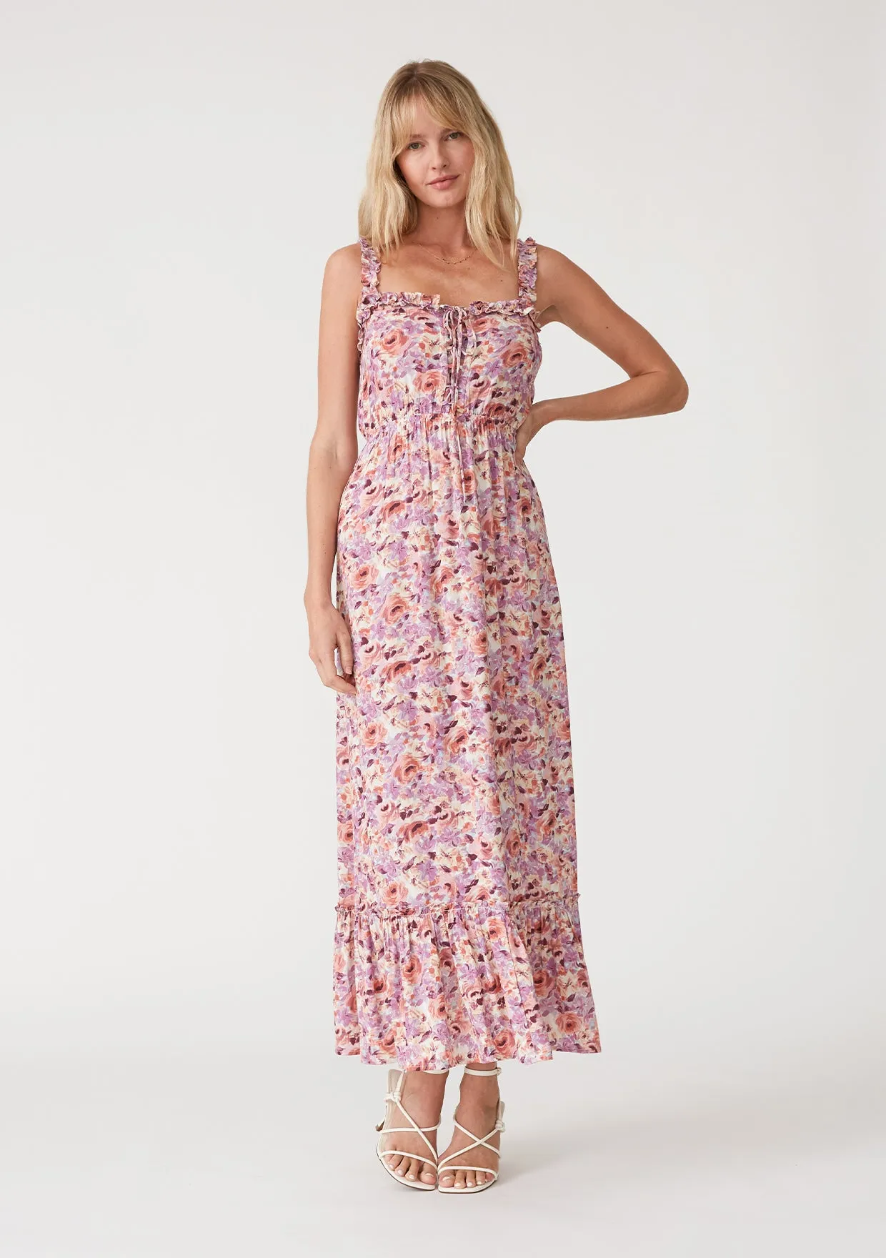 Floral Sleeveless Ruffle Tie Front Maxi Dress