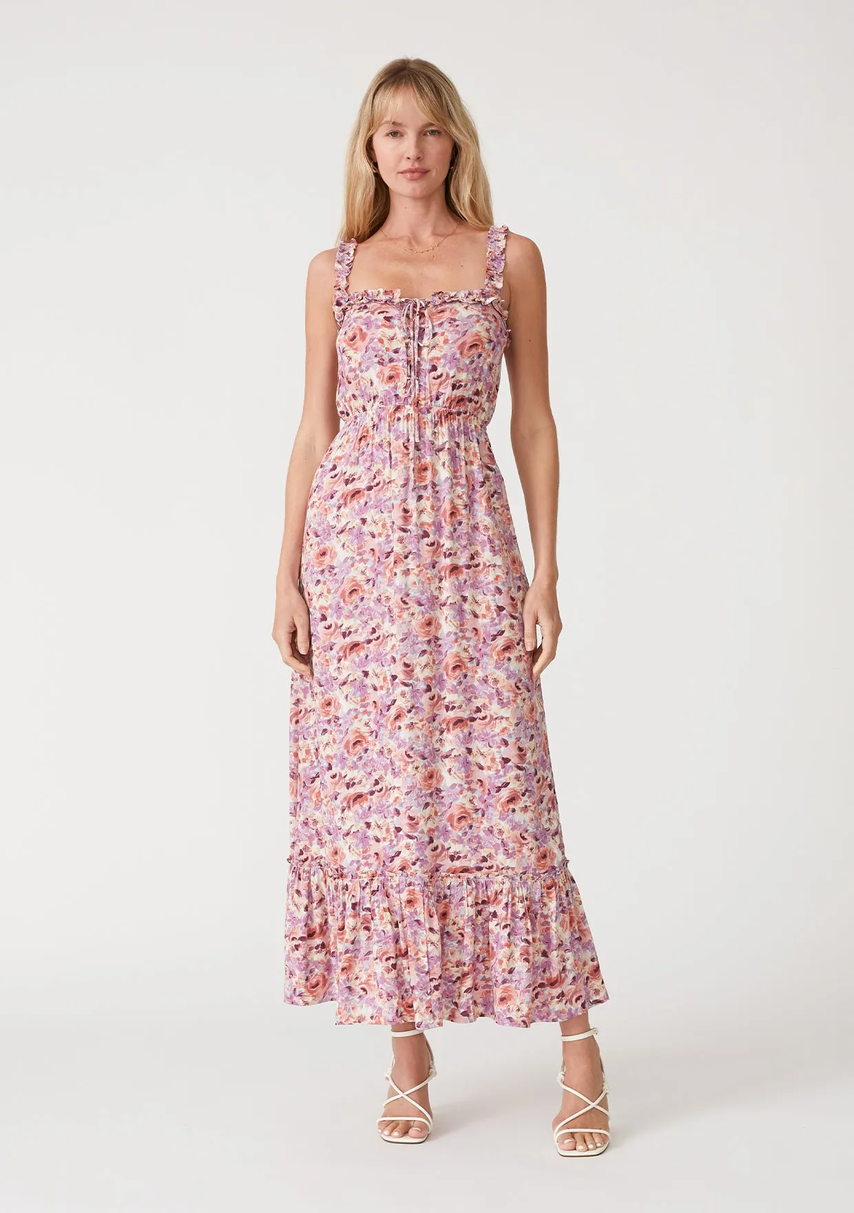 Floral Sleeveless Ruffle Tie Front Maxi Dress
