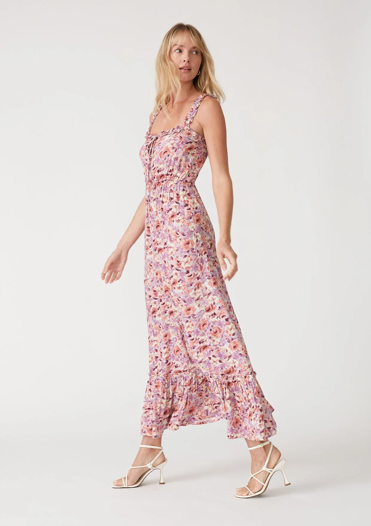 Floral Sleeveless Ruffle Tie Front Maxi Dress