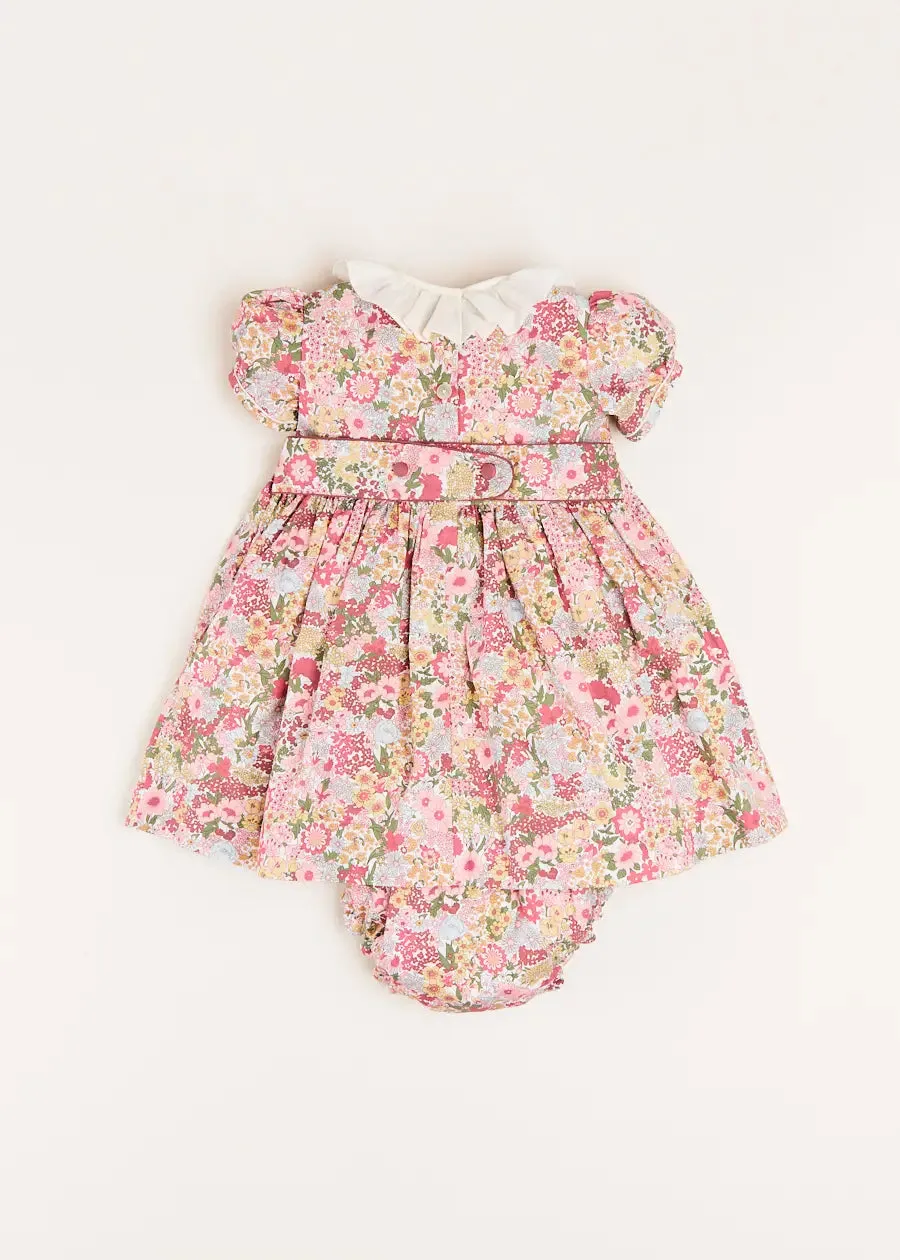 Florence Floral Handsmocked Short Sleeve Dress with Bloomer in Pink (6mths-3yrs)
