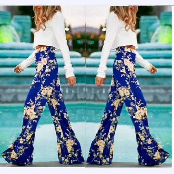 Flower Print Straight Casual High Waist Flared Pants