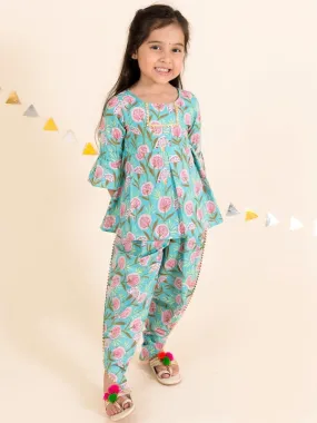 Girls Blue Floral Embroidered Angrakha Gotta Patti Pure Cotton Top with Dhoti Pants (Dh-bluebooti)