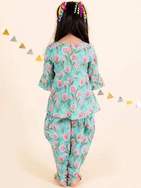 Girls Blue Floral Embroidered Angrakha Gotta Patti Pure Cotton Top with Dhoti Pants (Dh-bluebooti)
