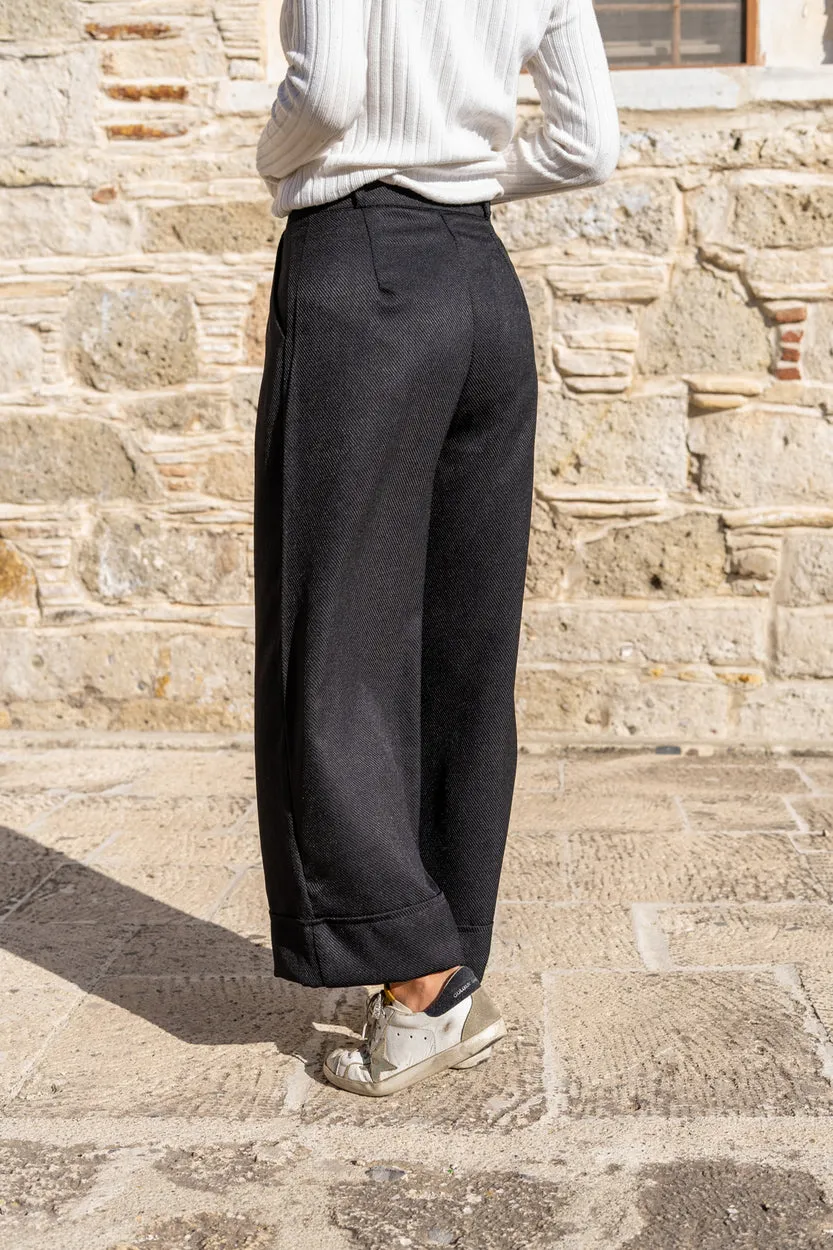 GNS Woman Black Textured Double Pleated Wide Leg Pants Bst3309 - Badajoz