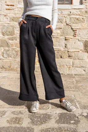 GNS Woman Black Textured Double Pleated Wide Leg Pants Bst3309 - Badajoz