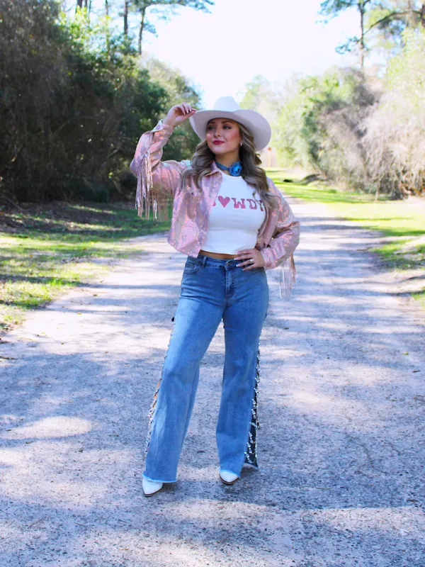 Howdy Go Lucky Iridescent Sequin Fringe Jacket, Rose Gold