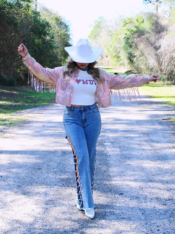 Howdy Go Lucky Iridescent Sequin Fringe Jacket, Rose Gold