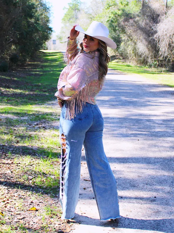 Howdy Go Lucky Iridescent Sequin Fringe Jacket, Rose Gold