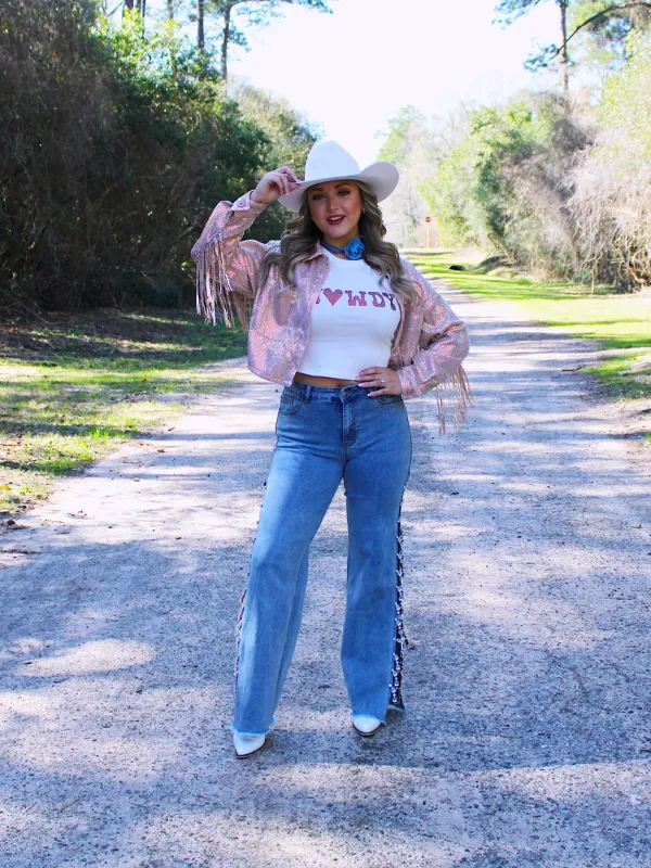 Howdy Go Lucky Iridescent Sequin Fringe Jacket, Rose Gold