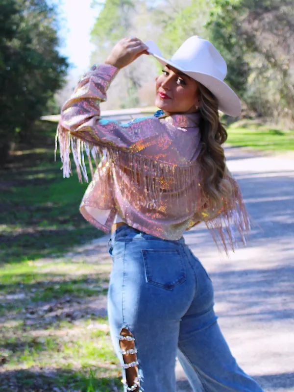 Howdy Go Lucky Iridescent Sequin Fringe Jacket, Rose Gold